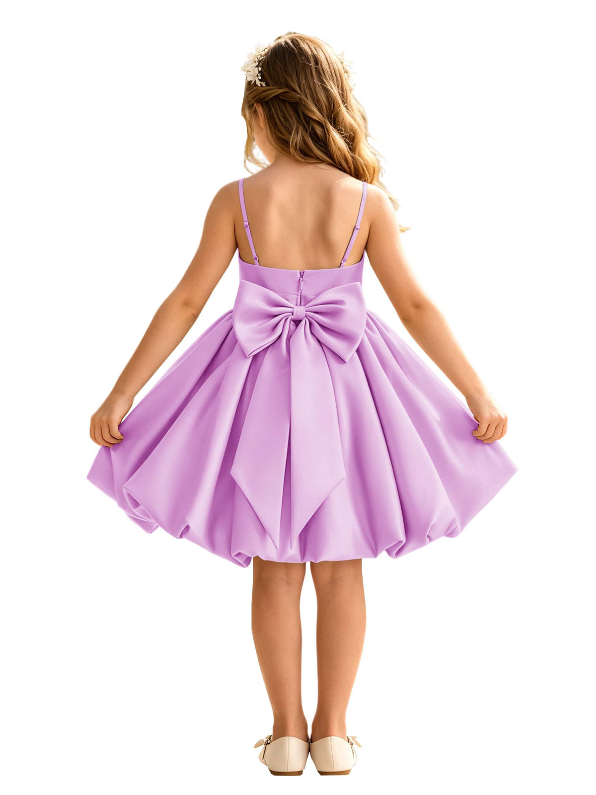 Sage Green Spaghetti Strap Flower Girl Dress, Heavy Satin Bubble Midi Skirt with Big Bow Back, Kids Formal Wedding Party Gown