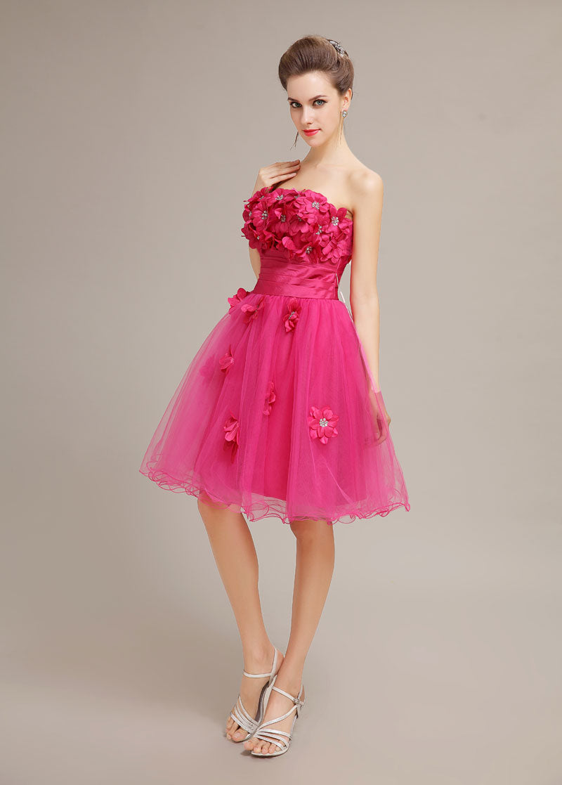 3D Flower Hot Pink A-Line Tulle Homecoming Dresses