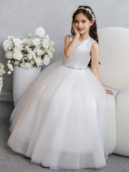 Satin Heart Cutout Back Flower Girl Dress, Sleeveless Round Neck Rhinestone Waist Tulle Long Pageant Gown with Big Bow