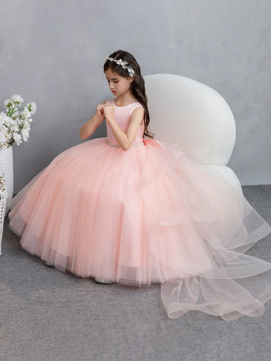 Sleeveless Round Neck Blush Pink Flower Girl Dress, Deep V Back Big Bow Tulle Pageant Gown with Train, Rhinestone Waist