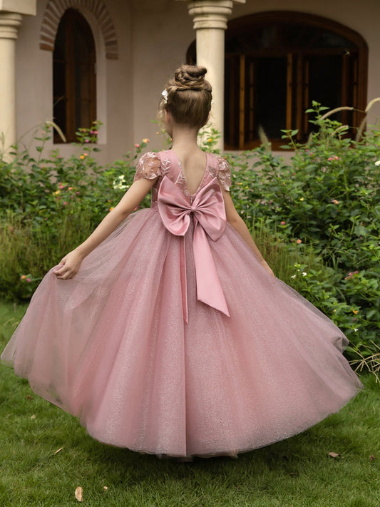 Dusty Rose Flower Girl Dress, Cap Sleeve Lace Embroidery V Back Big Satin Bow Sparkly Tulle Long Wedding Pageant Gown