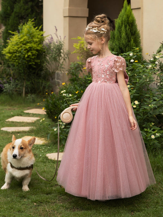 Dusty Rose Flower Girl Dress, Cap Sleeve Lace Embroidery V Back Big Satin Bow Sparkly Tulle Long Wedding Pageant Gown