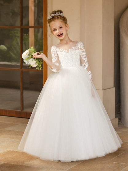 Champagne Lace Flower Girl Dress, 3/4 Sleeve Floor Length Tulle Princess Gown, Sheer Back Pearl Button Kids Wedding Pageant Party Dress