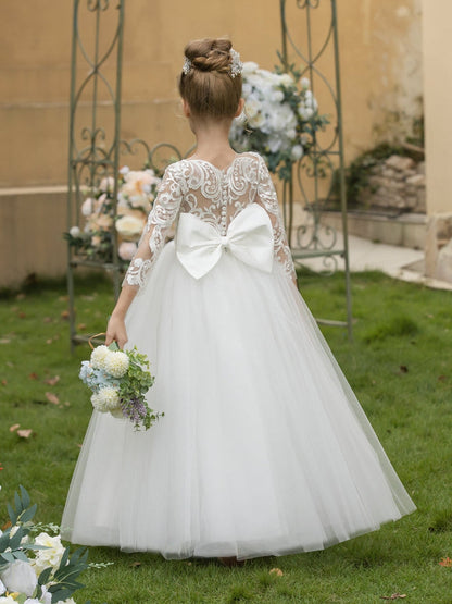 Champagne Lace Flower Girl Dress, 3/4 Sleeve Floor Length Tulle Princess Gown, Sheer Back Pearl Button Kids Wedding Pageant Party Dress