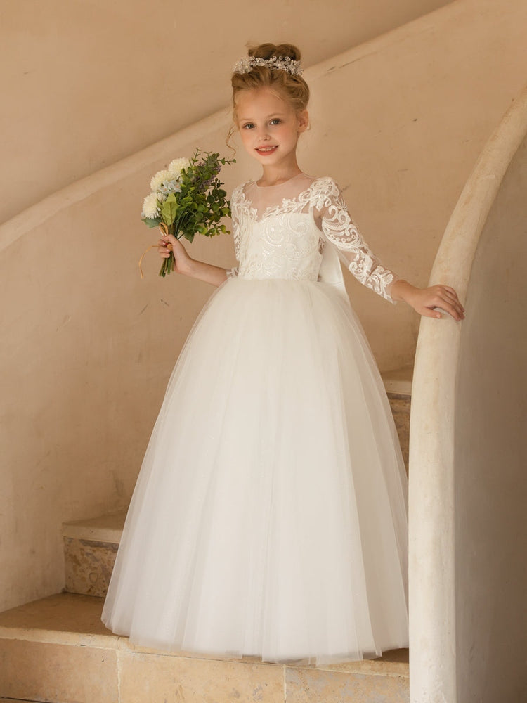 Champagne Lace Flower Girl Dress, 3/4 Sleeve Floor Length Tulle Princess Gown, Sheer Back Pearl Button Kids Wedding Pageant Party Dress