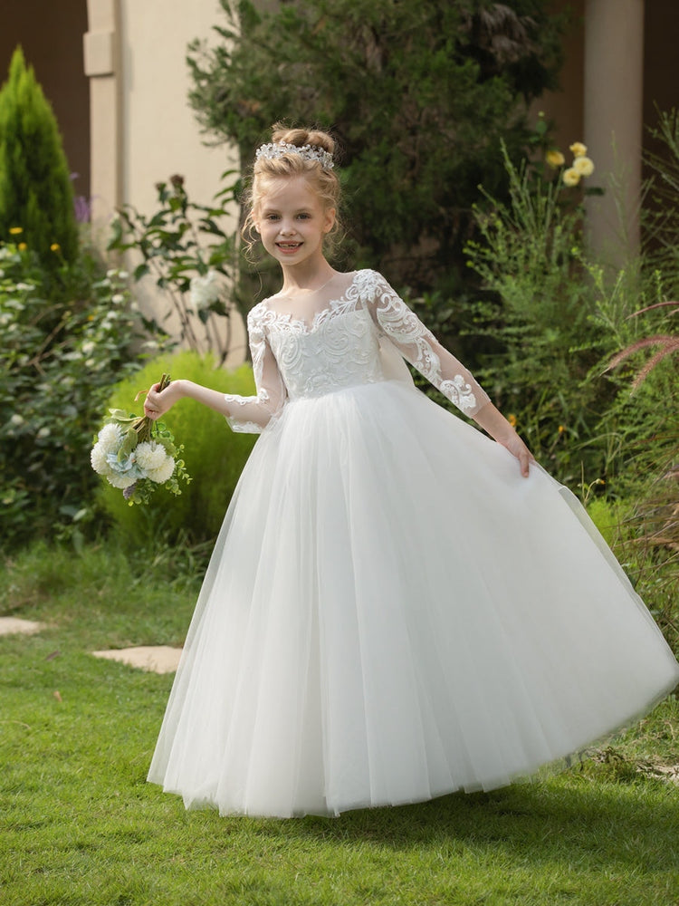 Champagne Lace Flower Girl Dress, 3/4 Sleeve Floor Length Tulle Princess Gown, Sheer Back Pearl Button Kids Wedding Pageant Party Dress