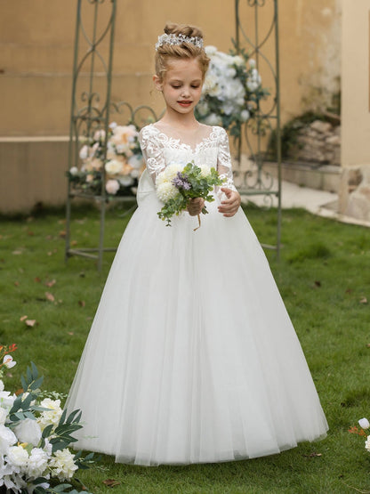 Champagne Lace Flower Girl Dress, 3/4 Sleeve Floor Length Tulle Princess Gown, Sheer Back Pearl Button Kids Wedding Pageant Party Dress