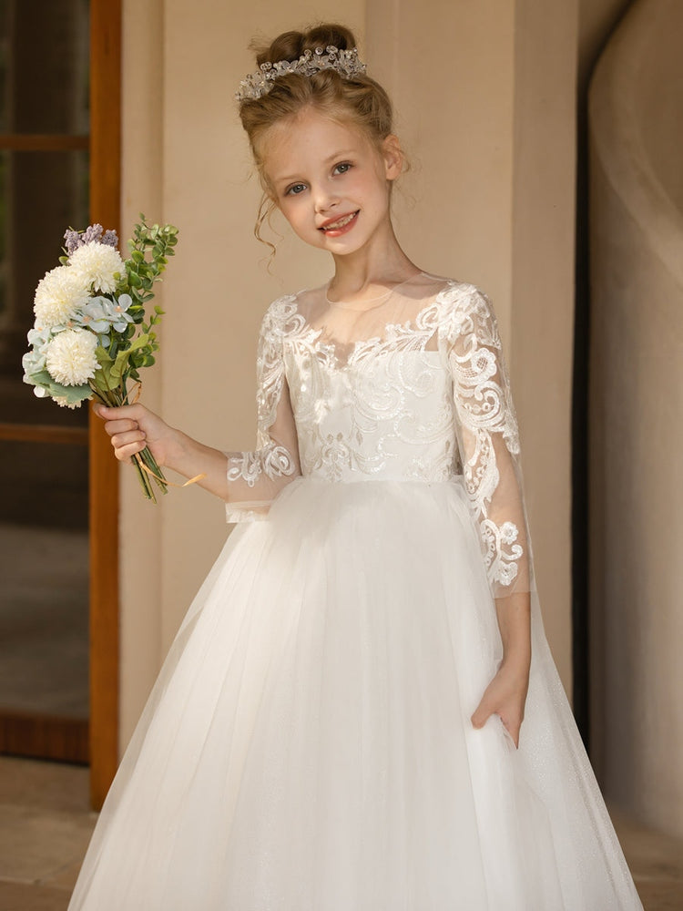 Champagne Lace Flower Girl Dress, 3/4 Sleeve Floor Length Tulle Princess Gown, Sheer Back Pearl Button Kids Wedding Pageant Party Dress