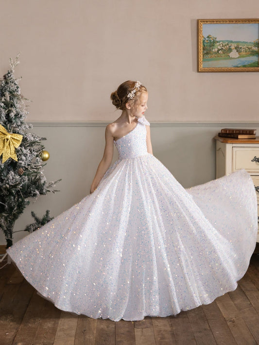 One Shoulder Sequin Tulle Flower Girl Dress, Bow Shoulder Floor Length Sparkly Princess Gown for Wedding Pageant Birthday
