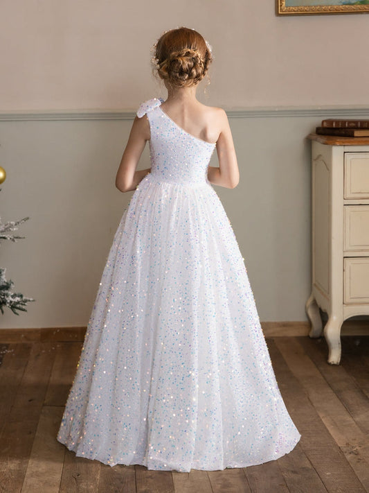 One Shoulder Sequin Tulle Flower Girl Dress, Bow Shoulder Floor Length Sparkly Princess Gown for Wedding Pageant Birthday