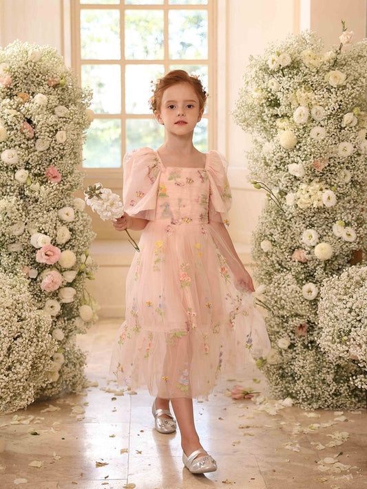 Blush Pink Floral Embroidery Tulle Flower Girl Dress, Square Neck Puff Sleeve Midi Princess Gown for Wedding Pageant
