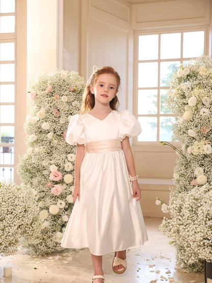A-Line Satin Flower Girl Dress, V-Neck Puff Short Sleeves Tea Length Kids Wedding Party Dress with Big Bow at Back