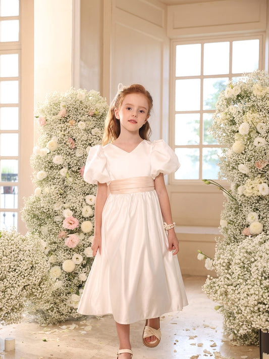 A-Line Satin Flower Girl Dress, V-Neck Puff Short Sleeves Tea Length Kids Wedding Party Dress with Big Bow at Back