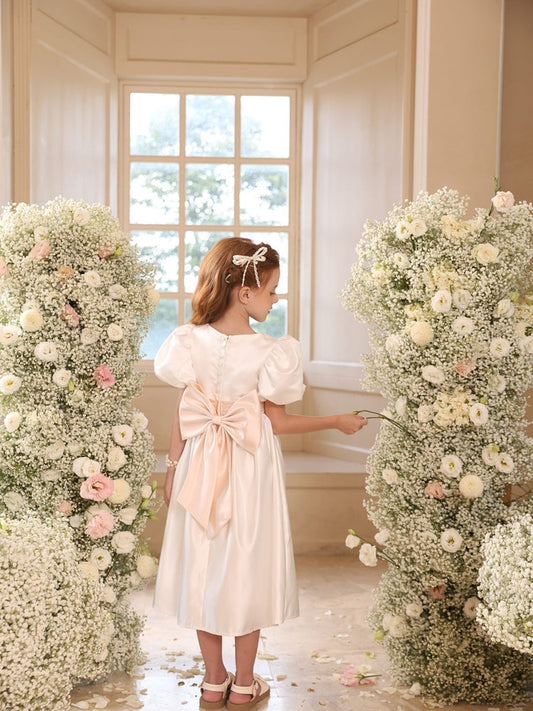 A-Line Satin Flower Girl Dress, V-Neck Puff Short Sleeves Tea Length Kids Wedding Party Dress with Big Bow at Back