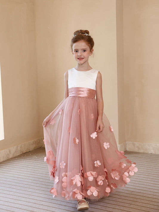 3D Petal Tulle Flower Girl Dress, Sleeveless V-Back Floor Length Kids Wedding Party Dress with Satin Waistband