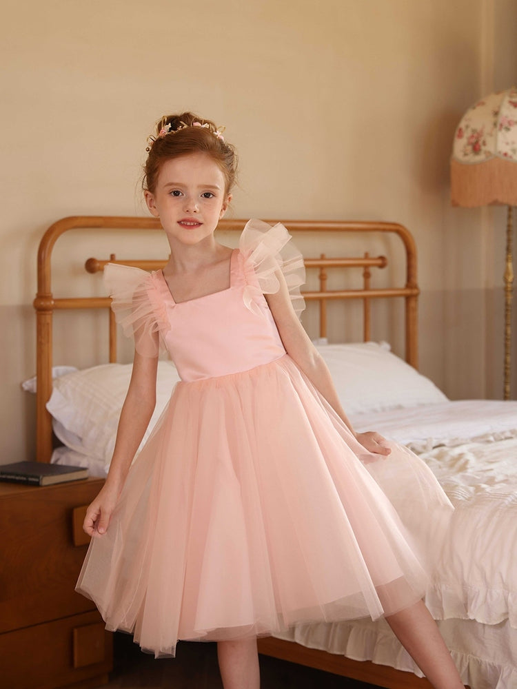 Square Neck Tulle Flower Girl Dress, Ruffle Flutter Sleeve Backless Tea Length Kids Party Dress with Bow