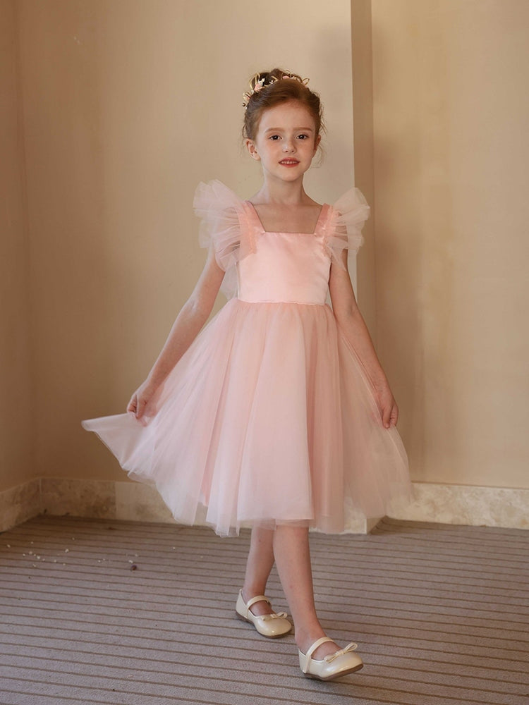 Square Neck Tulle Flower Girl Dress, Ruffle Flutter Sleeve Backless Tea Length Kids Party Dress with Bow