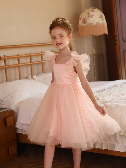 Square Neck Tulle Flower Girl Dress, Ruffle Flutter Sleeve Backless Tea Length Kids Party Dress with Bow