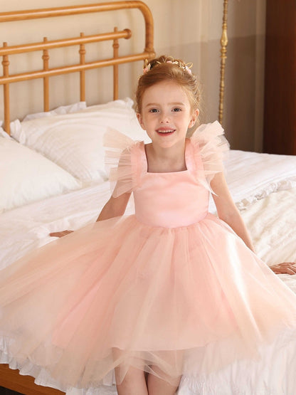 Square Neck Tulle Flower Girl Dress, Ruffle Flutter Sleeve Backless Tea Length Kids Party Dress with Bow