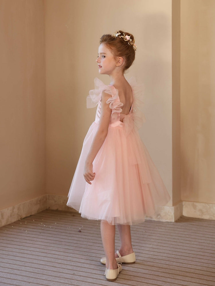 Square Neck Tulle Flower Girl Dress, Ruffle Flutter Sleeve Backless Tea Length Kids Party Dress with Bow