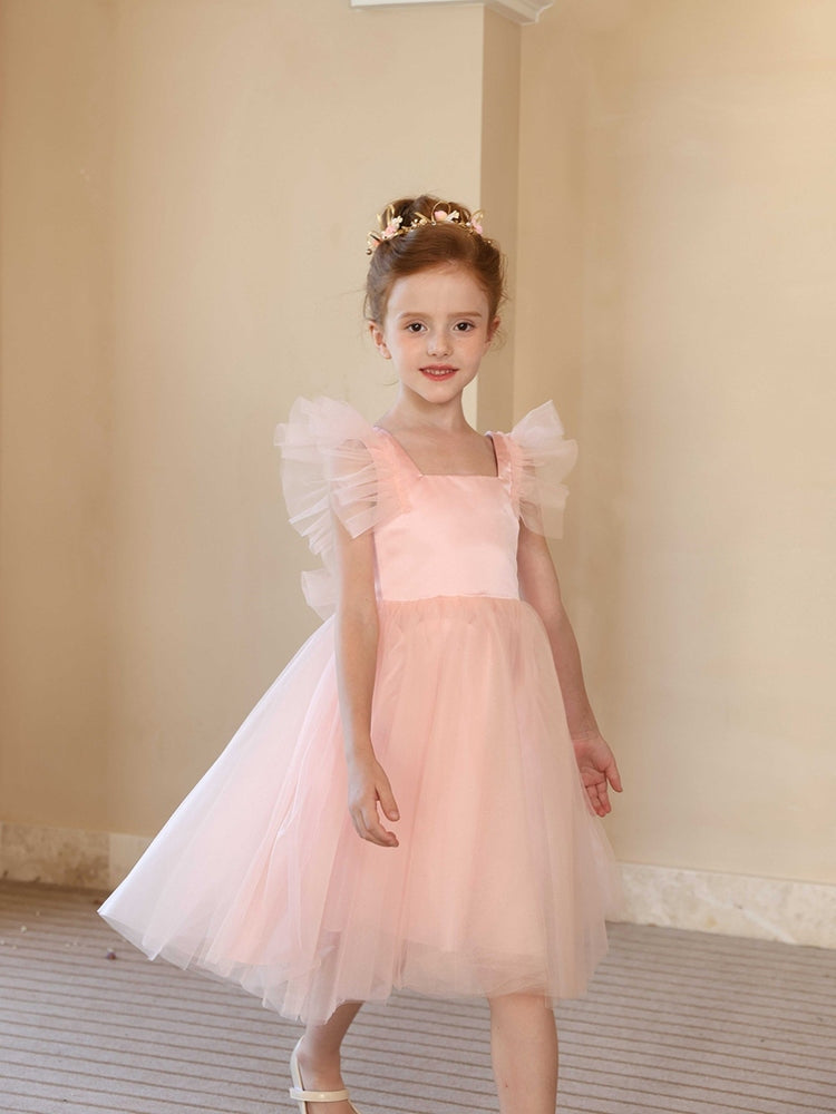 Square Neck Tulle Flower Girl Dress, Ruffle Flutter Sleeve Backless Tea Length Kids Party Dress with Bow