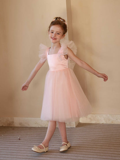 Square Neck Tulle Flower Girl Dress, Ruffle Flutter Sleeve Backless Tea Length Kids Party Dress with Bow