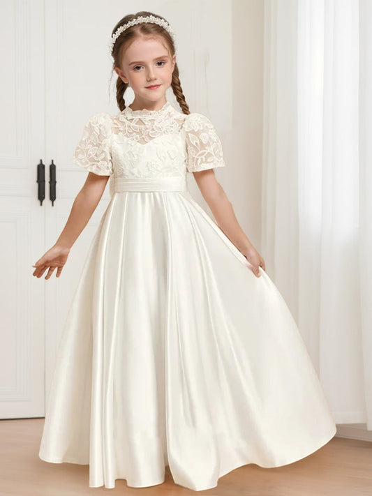 Lace Puff Sleeve Satin Flower Girl Dress, High Neck Cutout Back Floor Length Kids Wedding Dress with Large Satin Bow