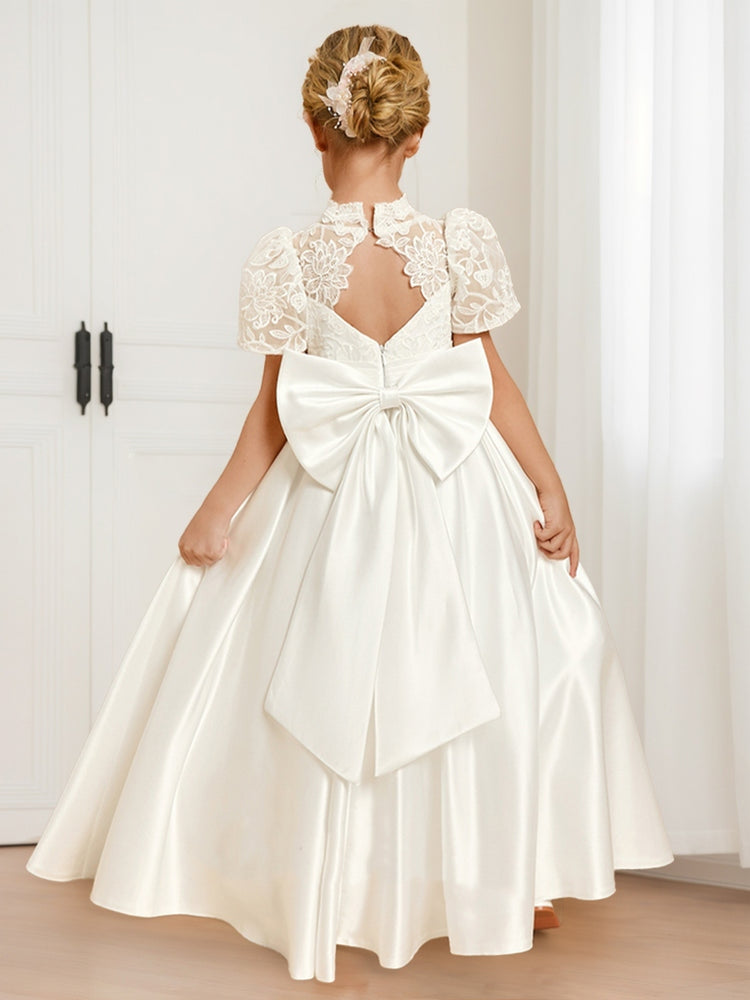 Lace Puff Sleeve Satin Flower Girl Dress, High Neck Cutout Back Floor Length Kids Wedding Dress with Large Satin Bow