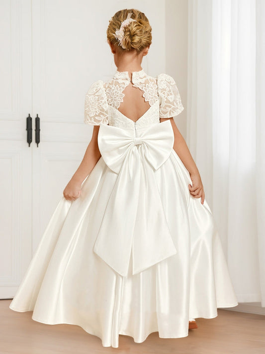Lace Puff Sleeve Satin Flower Girl Dress, High Neck Cutout Back Floor Length Kids Wedding Dress with Large Satin Bow
