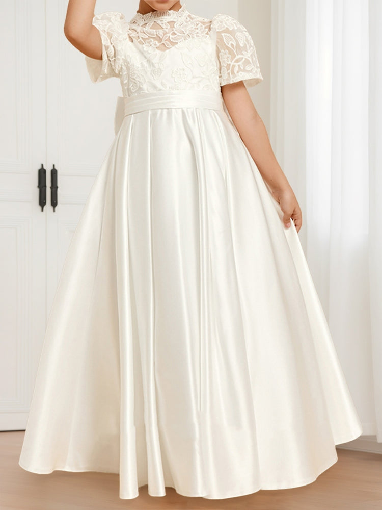 Lace Puff Sleeve Satin Flower Girl Dress, High Neck Cutout Back Floor Length Kids Wedding Dress with Large Satin Bow