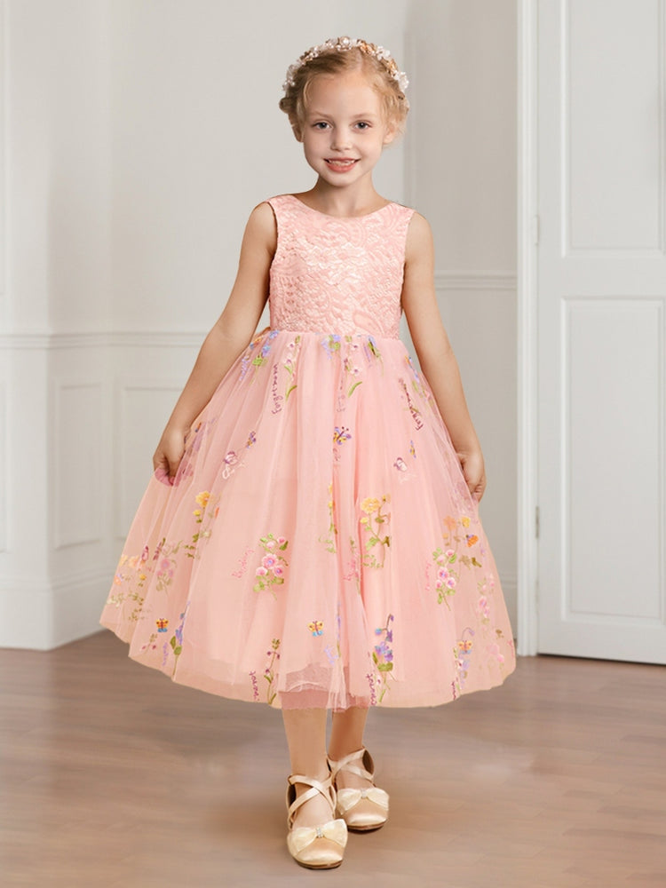 Sleeveless Lace Flower Girl Dress, V-Back Floral Embroidery Tulle Tea Length Kids Wedding Party Dress