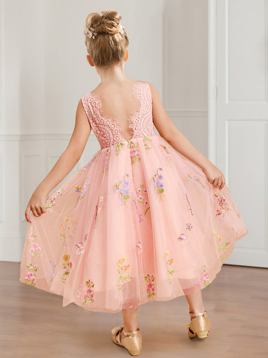 Sleeveless Lace Flower Girl Dress, V-Back Floral Embroidery Tulle Tea Length Kids Wedding Party Dress