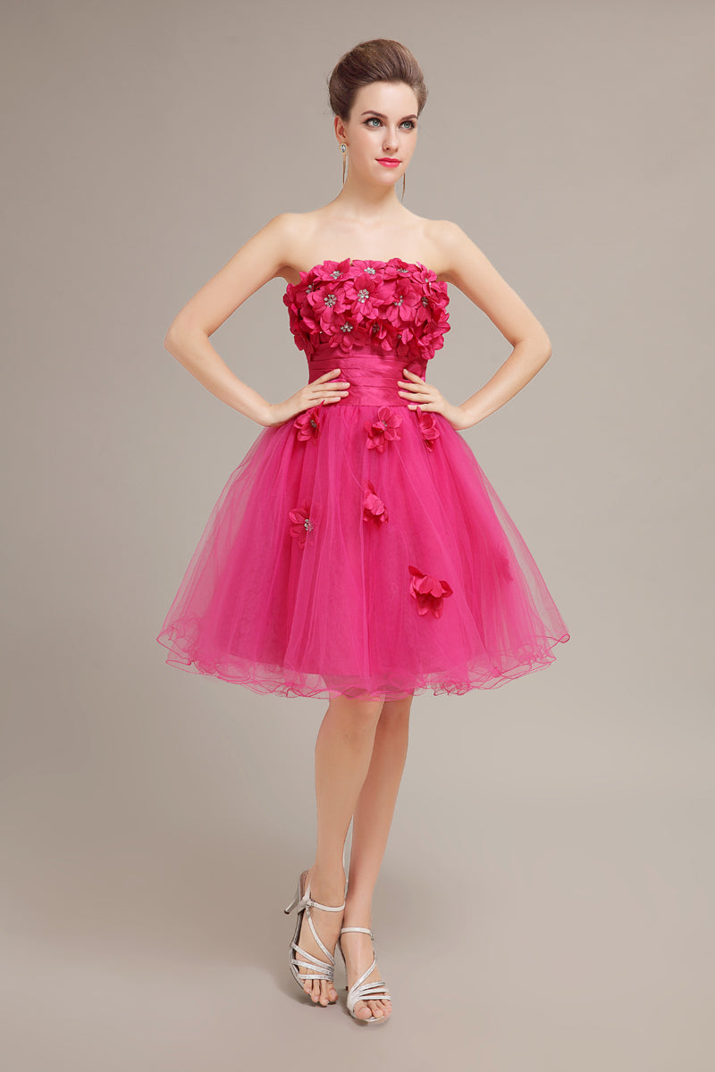 3D Flower Hot Pink A-Line Tulle Homecoming Dresses