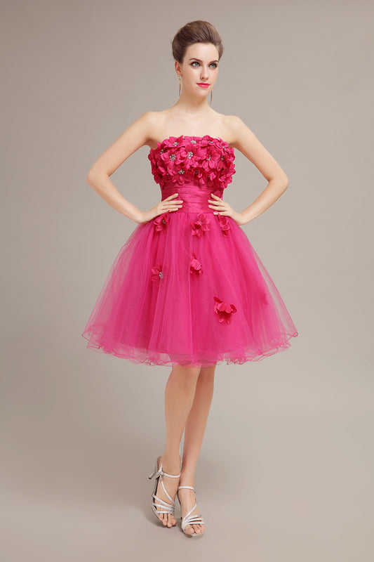 3D Flower Hot Pink A-Line Tulle Homecoming Dresses