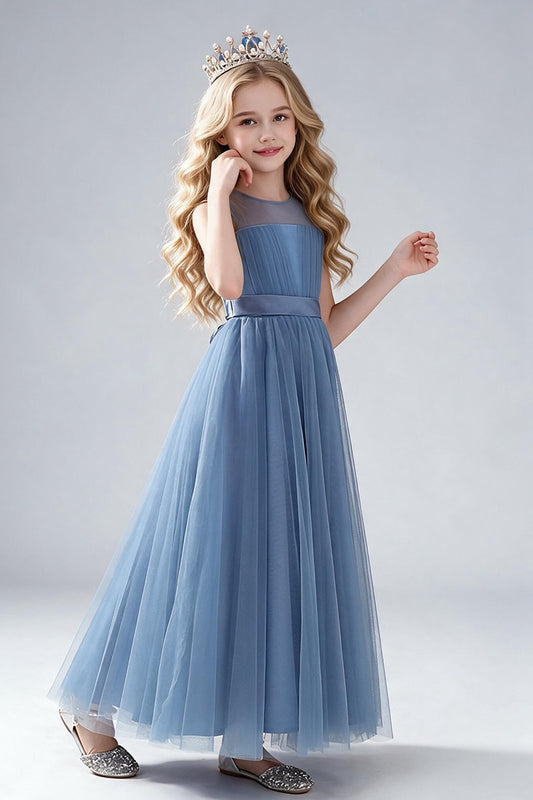 Dusty Blue Tulle Flower Girl Dress, Sleeveless Illusion Round Neck Maxi Princess Gown, Pleated Bodice with Wide Satin Waistband, Formal Wedding Party Dress for Little Girls