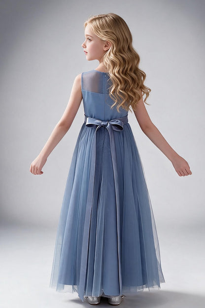 Dusty Blue Tulle Flower Girl Dress, Sleeveless Illusion Round Neck Maxi Princess Gown, Pleated Bodice with Wide Satin Waistband, Formal Wedding Party Dress for Little Girls