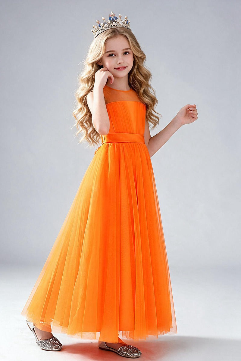 Dusty Blue Tulle Flower Girl Dress, Sleeveless Illusion Round Neck Maxi Princess Gown, Pleated Bodice with Wide Satin Waistband, Formal Wedding Party Dress for Little Girls