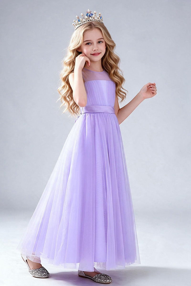 Dusty Blue Tulle Flower Girl Dress, Sleeveless Illusion Round Neck Maxi Princess Gown, Pleated Bodice with Wide Satin Waistband, Formal Wedding Party Dress for Little Girls