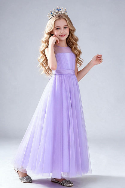 Dusty Blue Tulle Flower Girl Dress, Sleeveless Illusion Round Neck Maxi Princess Gown, Pleated Bodice with Wide Satin Waistband, Formal Wedding Party Dress for Little Girls