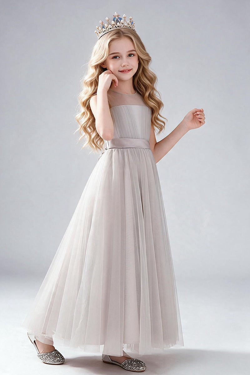 Dusty Blue Tulle Flower Girl Dress, Sleeveless Illusion Round Neck Maxi Princess Gown, Pleated Bodice with Wide Satin Waistband, Formal Wedding Party Dress for Little Girls