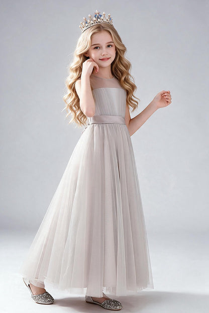 Dusty Blue Tulle Flower Girl Dress, Sleeveless Illusion Round Neck Maxi Princess Gown, Pleated Bodice with Wide Satin Waistband, Formal Wedding Party Dress for Little Girls