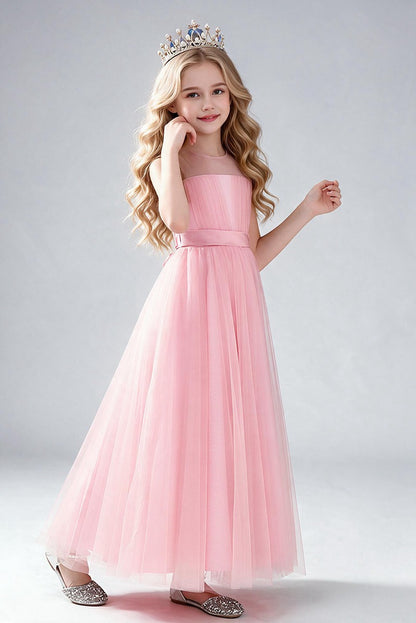 Dusty Blue Tulle Flower Girl Dress, Sleeveless Illusion Round Neck Maxi Princess Gown, Pleated Bodice with Wide Satin Waistband, Formal Wedding Party Dress for Little Girls
