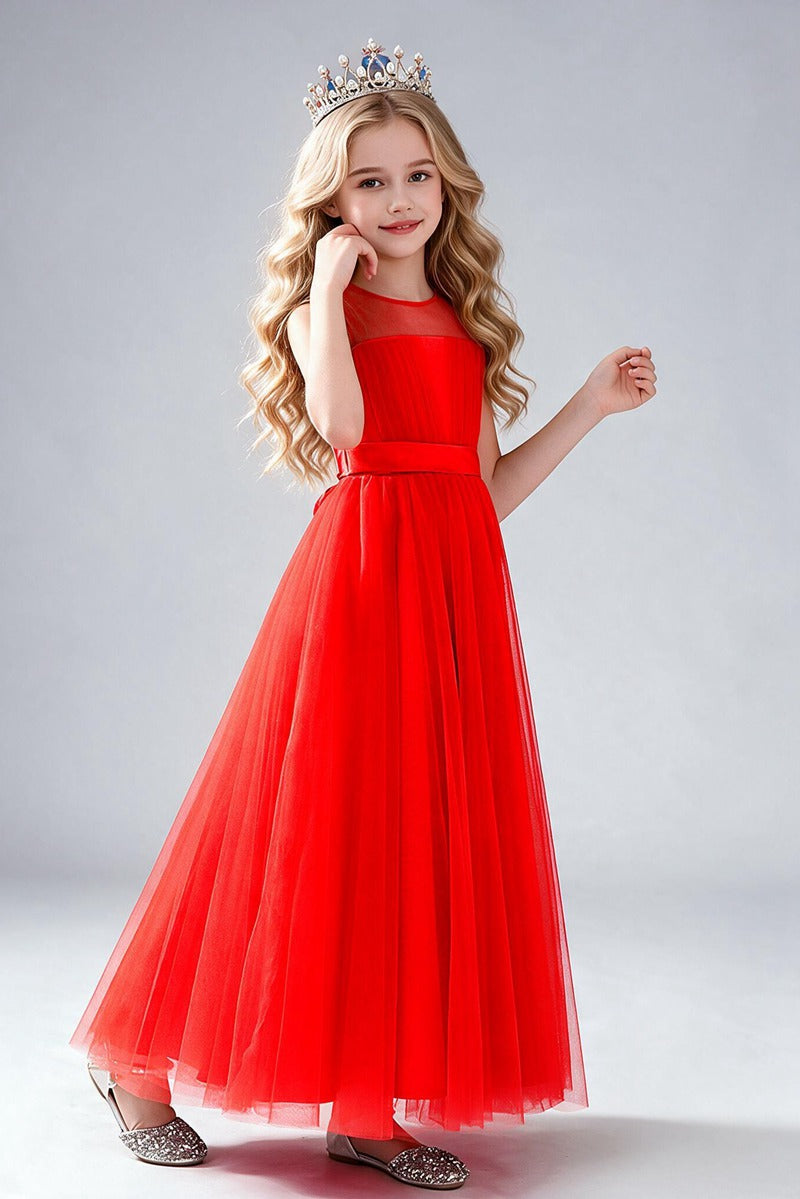 Dusty Blue Tulle Flower Girl Dress, Sleeveless Illusion Round Neck Maxi Princess Gown, Pleated Bodice with Wide Satin Waistband, Formal Wedding Party Dress for Little Girls