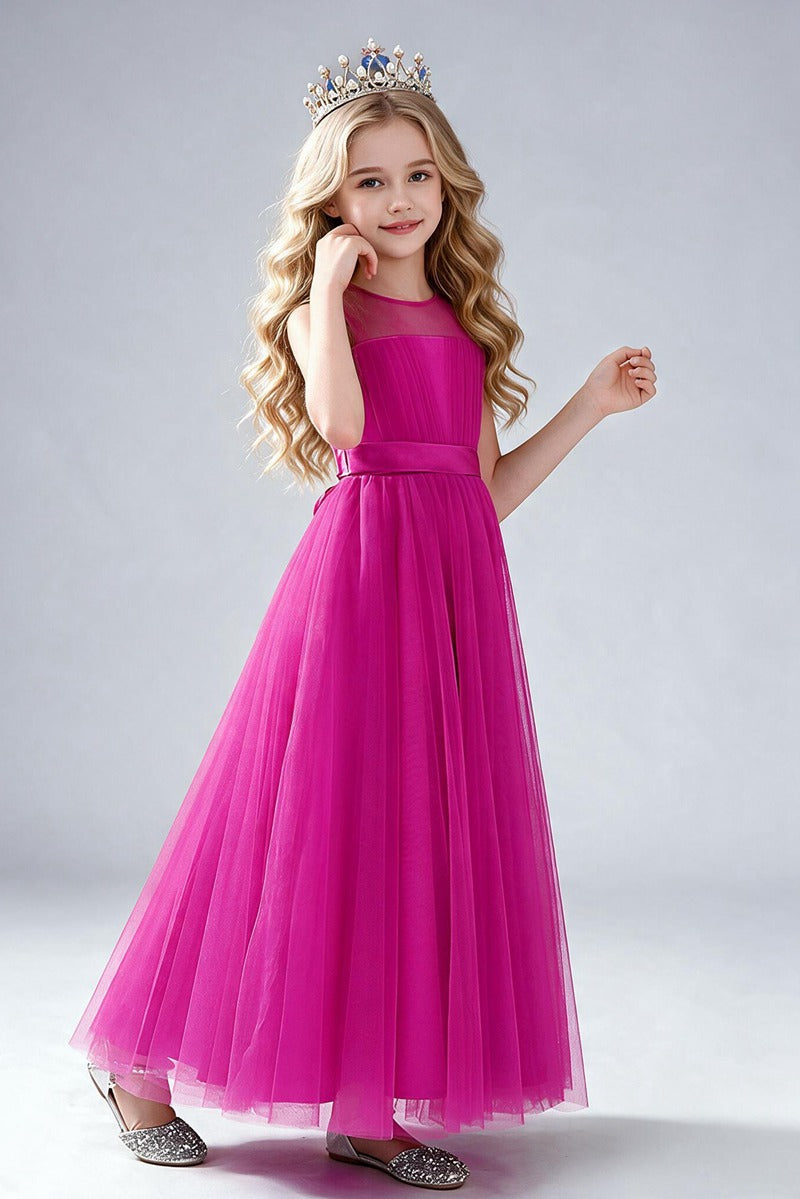 Dusty Blue Tulle Flower Girl Dress, Sleeveless Illusion Round Neck Maxi Princess Gown, Pleated Bodice with Wide Satin Waistband, Formal Wedding Party Dress for Little Girls