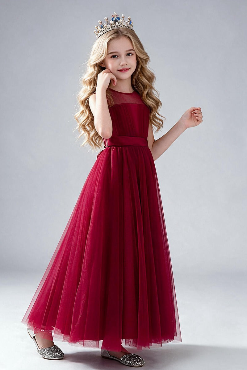 Dusty Blue Tulle Flower Girl Dress, Sleeveless Illusion Round Neck Maxi Princess Gown, Pleated Bodice with Wide Satin Waistband, Formal Wedding Party Dress for Little Girls