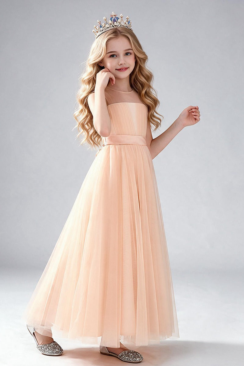 Dusty Blue Tulle Flower Girl Dress, Sleeveless Illusion Round Neck Maxi Princess Gown, Pleated Bodice with Wide Satin Waistband, Formal Wedding Party Dress for Little Girls