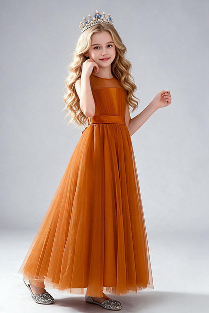 Dusty Blue Tulle Flower Girl Dress, Sleeveless Illusion Round Neck Maxi Princess Gown, Pleated Bodice with Wide Satin Waistband, Formal Wedding Party Dress for Little Girls