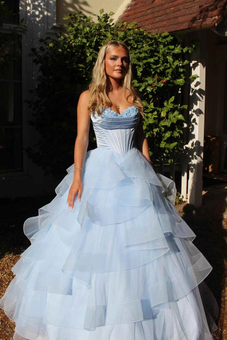 Strapless Empire-Waist Ruffles Blue Long A-Line Prom Dresses