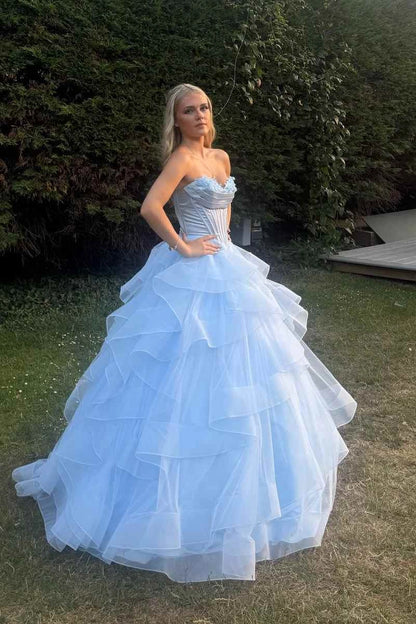 Strapless Empire-Waist Ruffles Blue Long A-Line Prom Dresses