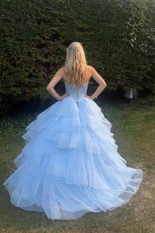Strapless Empire-Waist Ruffles Blue Long A-Line Prom Dresses